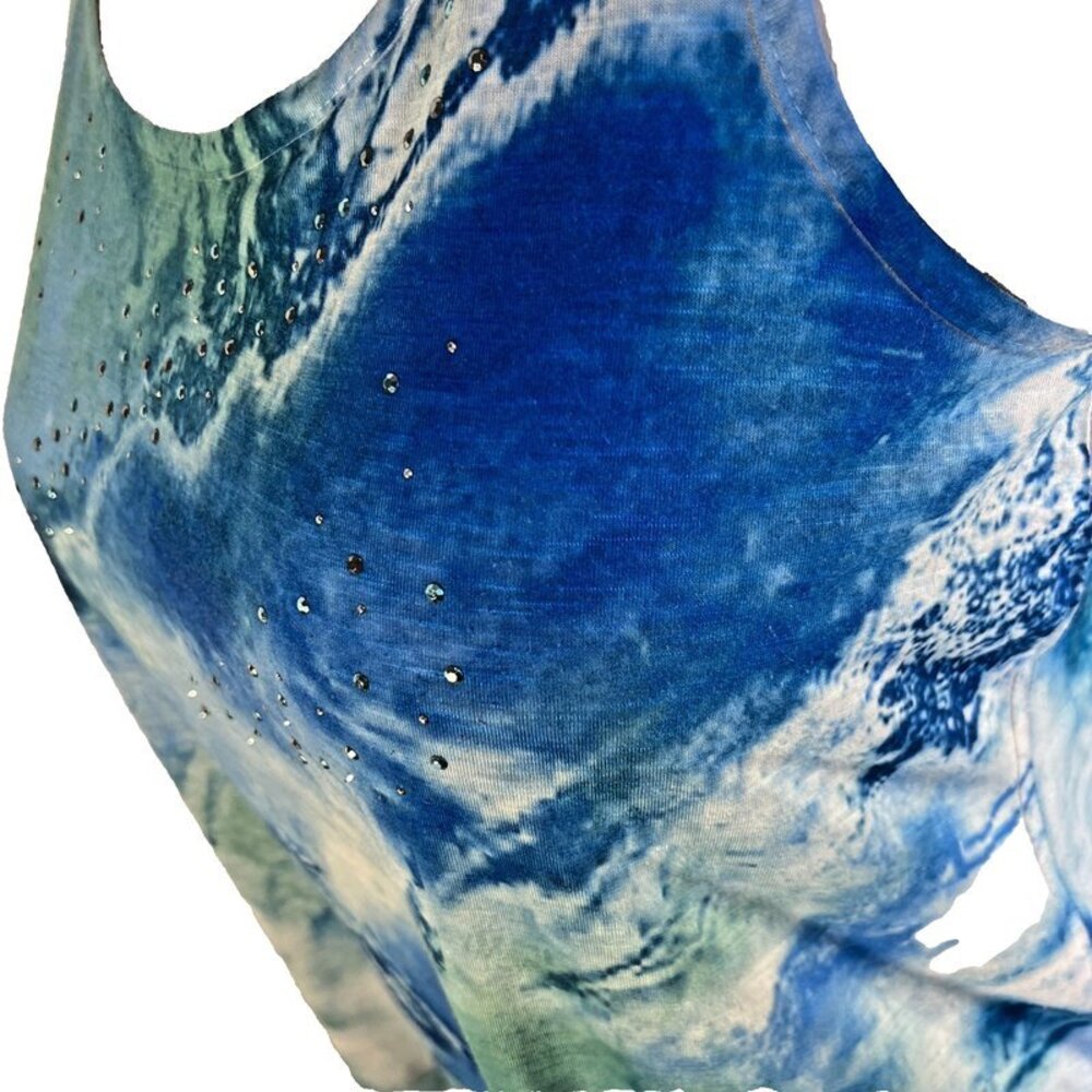 Style & Co Tank Top Women's 2X Blue Green White Sleeveless Beaded Asymmetric Hem - Picture 7 of 11